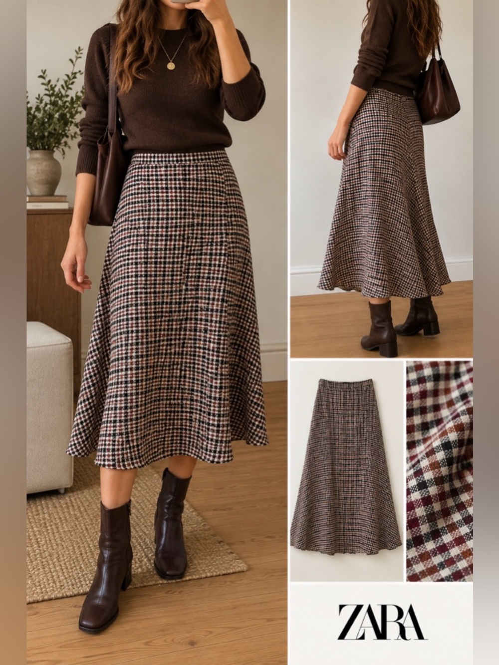 Zara Plaid Check Maxi Skirt XS Burgundy Brown Academia A-Line Fall Cottagecore
